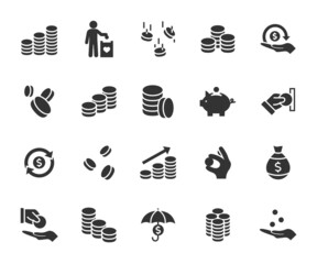 Vector set of coin flat icons. Contains icons falling coins, piggy bank, coins stack, charity, cash back , donation and more. Pixel perfect.