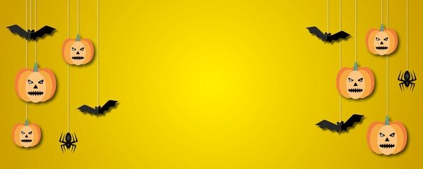 Sale Banner for Happy Halloween holiday with monster on a yellow background, suitable for web, poster, flyers, ad, promotions, blogs, social media, marketing, paper cut design style.