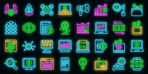 Monetization icons set. Outline set of monetization vector icons neon color on black