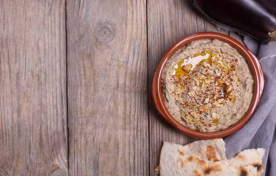 Esme, baba ganush from baked eggplant with sesame paste with eggplant, spices and walnuts and lavash