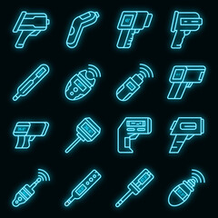 Digital thermometer icons set. Outline set of digital thermometer vector icons neon color on black