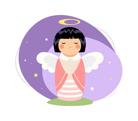 Cute Christmas Angel Girl with wings and black short hair praying with halo. Christmas Angel Girl in pink clothes. Purple background vector.