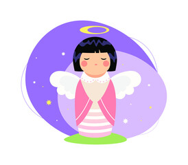 Cute Christmas Angel Girl with wings and black short hair praying with halo. Christmas Angel Girl in pink clothes. Purple background angel illustration.