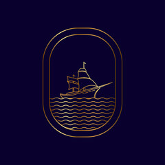 sailing ship emblem gold color gradient line art style design vector illustration