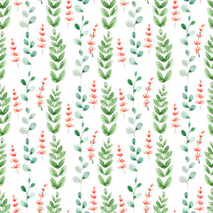 Fototapeta na wymiar Watercolor seamless pattern with various decorative flowers and leaves