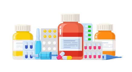 Medicine bottle, capsules and tablets, coronavirus vaccine, syringe with needle. Immunization concept. Pharmaceutical drug set.