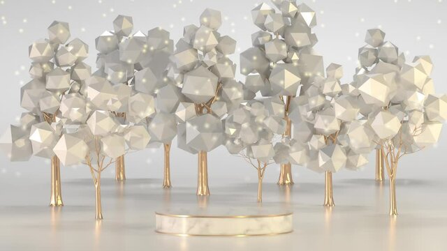 3d animation of a catwalk in an abstract pearl-gold winter forest
