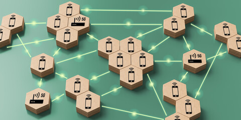 hexagons with message 5G in a network-like order on colorful background