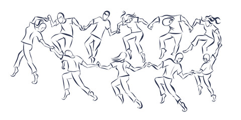 vector outline drawing of ten young people dancing in circle holding by hands