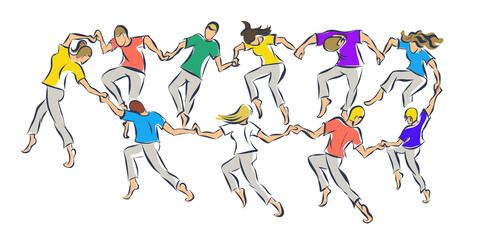 vector drawing of ten young people dancing in circle holding by hands