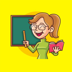 Online Education learning class. Cartoon cute female teacher holding book and pointing to blackboard with ruler. Back to school.