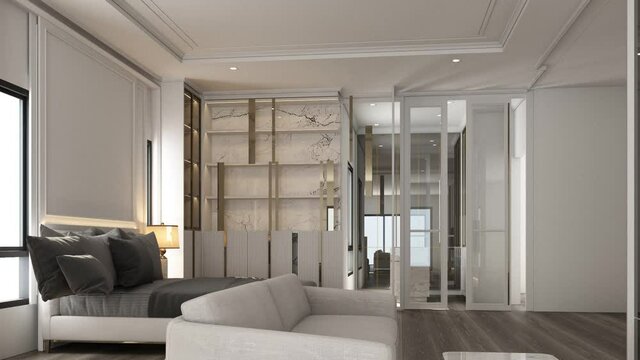 interior design modern classic style of bedroom with white marble and gold texture and white furniture set 3d rendering interior animation building up room