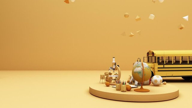 back to school ,inspiration, poster with educational equipment and school bus. 3d rendering animation loop