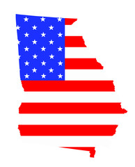 Georgia state map vector silhouette illustration. United States of America flag over Georgia map. USA, American national symbol of pride and patriotism. Vote election campaign banner.