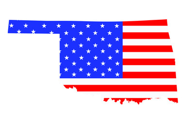 Oklahoma state map vector silhouette illustration. United States of America flag over Oklahoma map. USA, American national symbol of pride and patriotism. Vote election campaign banner.