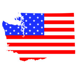 Washington state map vector silhouette illustration. United States of America flag over Washington map. USA, American national symbol of pride and patriotism. Vote election campaign banner.