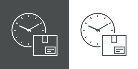 Envio urgente. Icono plano caja de cartón con esfera de reloj simple con lineas en fondo gris y fondo blanco