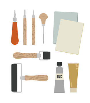 Hand-drawn tools for lino cutting or lino printing. Cutters, print inks, rollers, and lino blocks. Vector illustration of art supplies, isolated on white. Concept of art hobbies, art courses.