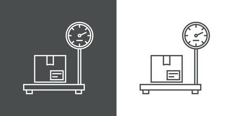 Icono plano caja de cartón en balanza para envio postal con lineas en fondo gris y fondo blanco