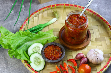Sambal Terasi Masak or Indonesian traditional chili paste, made from chilies, tomato, garlic, shallot and some spices. 