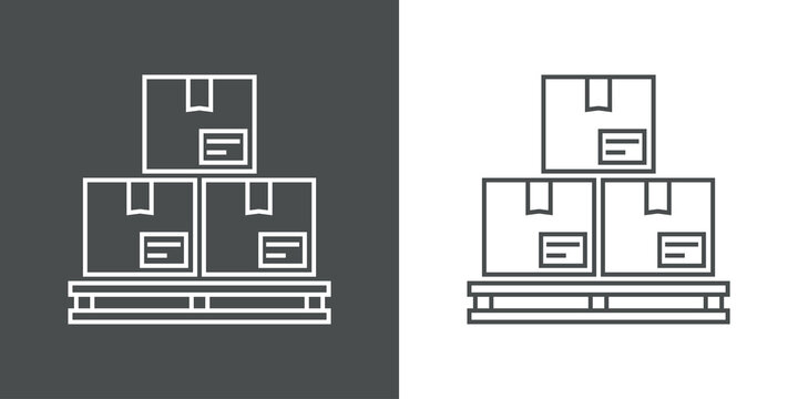 S&iacute;mbolo almacenaje. Icono plano con cajas de cart&oacute;n en pal&eacute; de madera con lineas en fondo gris y fondo blanco