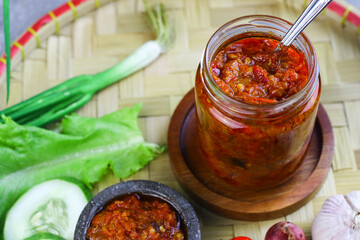Sambal Terasi Masak or Indonesian traditional chili paste, made from chilies, tomato, garlic, shallot and some spices. 