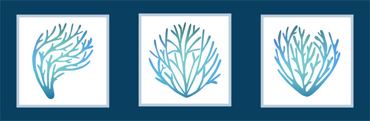 Set of seaweed in watercolor style: Composition of illustrations on a blue wall in white frames