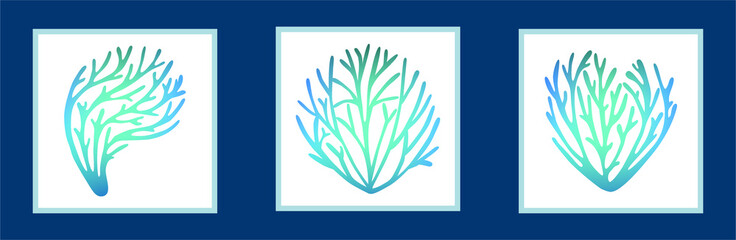 Set of seaweed in watercolor style: Composition of illustrations on a blue wall in white frames
