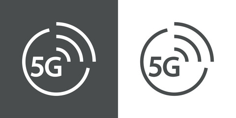 Logotipo de red inalámbrica o wifi de alta velocidad. Logo texto 5G en círculo con lineas con olas en fondo gris y fondo blanco