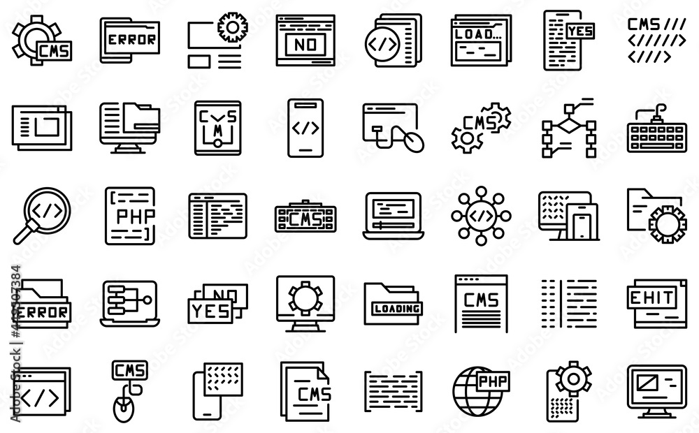 Poster cms development icons set outline vector. data code. design application