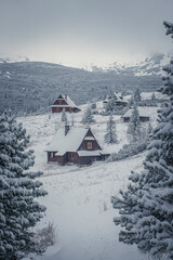 Small mountain village in winter, Tatras National Park, Poland. Old wooden huts in snow. Traditional architecture of Podhale region. Selective focus on building exterior, blurred background.