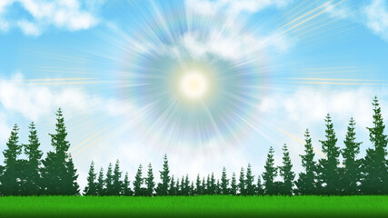 Natural illustrations of meadows, pine trees and a clear daytime sky, the sun shining brightly.