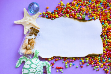 Blank note with starfish, turtle, seashell bottle flatly. Vintage old paper page with burnt edges. Bright foam multi-colored balls on a purple background. White frame with space for text, letter. Kids