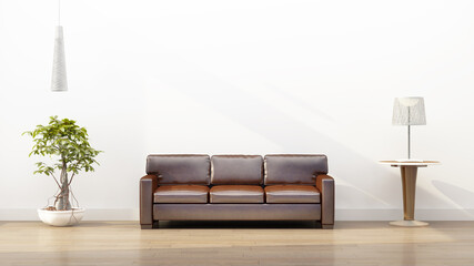 Modern living room interior with Leather sofa and empty white wall as a background.