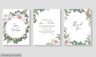 Fototapeta na wymiar Greeting card for wedding invitation. White lilies, eucalyptus, elegant twigs, polygonal gold frame . Floral template for your text.
