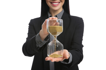 Businesswoman holding hourglass on white background, closeup. Time management