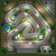 Night car race. View from above. Vector illustration.
