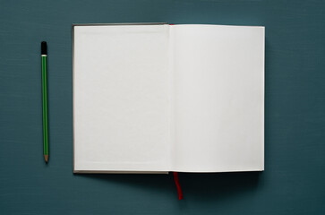 notebook with space for text, red tab, green pencil, on a painted background, photo from above
