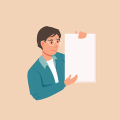 A man with glasses demonstrates a blank sheet of paper. Demonstration of important information, FAQ, guides. Placeholder with copy space for text. Flat vector illustration of rules or notes.