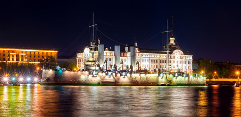 Aurora cruiser on Neva river at night, Saint Petersburg, Russia