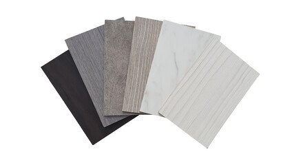 wood veneer material samples swatch containing multi texture of wood pattern and color isolated on white background with clipping path.