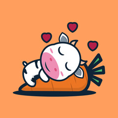 vector illustration of 
cute cow hugging big carrot