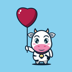 vector illustration of 
cute cow is holding a love-shaped balloon