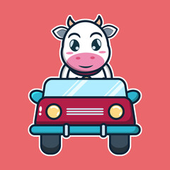 vector illustration of 
cute cow is driving a car