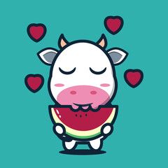 vector illustration of 
cute cow is eating watermelon