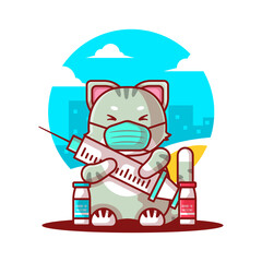 Cute Cartoon Vector Illustrations Cat holding Inject Vaccine and Bottle. Medicine and Vaccination Icon Concept