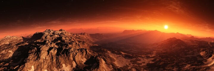 Mars at sunset, panorama of Mars, alien landscape, a panorama of a surface of another planet, 3D rendering © ustas