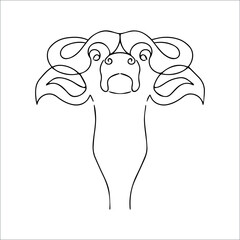 Vector buffalo. Illustration of a buffalo with long swirling horns. Sketch of a hoofed animal tattoo. Stylish, modern bull logo. Coloring.