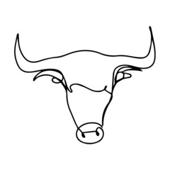 Continuous line drawing of a bull. Vector bull head. Sketch of a horned animal tattoo. A head with huge horns. Modern animal print. Modern linear bull logo.