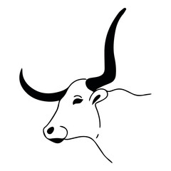 Linear illustration of a bull. Vector bull head with large strong horns. Cattle. Simple buffalo logo.